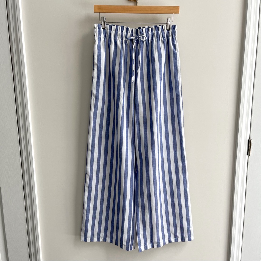 Blue & White Cabana Stripe Coastal Summer Linen Style Wide Leg Paper Bag Pants S